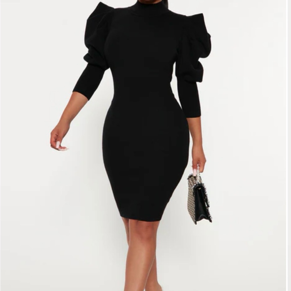 Elegant Black Puff Sleeve Sweater Dress